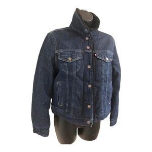Levi’s ORIGINAL black SHERPA dark blue wash denim TRUCKER JACKET size XS new‎